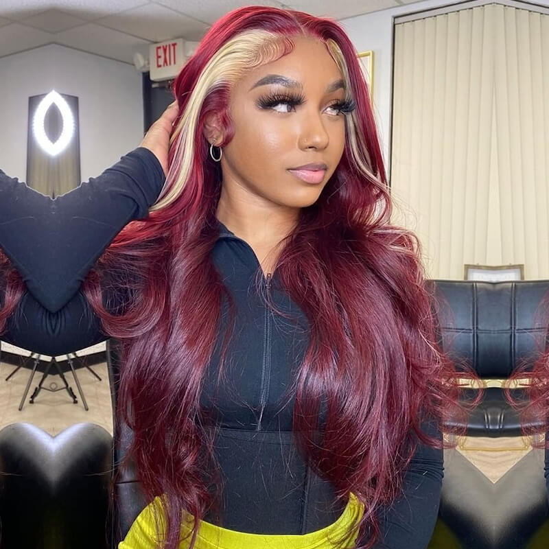 13x4 Lace Frontal Skunk Stripe Wig #613/99J Burgundy Color Highlight Body Wave/Straight Hair Lace Front Wigs-GeetaHair - Image 4