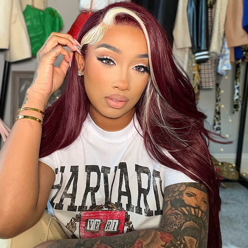 13x4 Lace Frontal Skunk Stripe Wig #613/99J Burgundy Color Highlight Body Wave/Straight Hair Lace Front Wigs-GeetaHair - Image 6