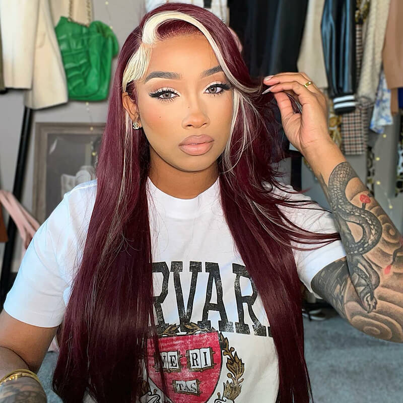 13x4 Lace Frontal Skunk Stripe Wig #613/99J Burgundy Color Highlight Body Wave/Straight Hair Lace Front Wigs-GeetaHair - Image 3