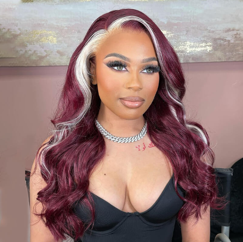 13x4 Lace Frontal Skunk Stripe Wig #613/99J Burgundy Color Highlight Body Wave/Straight Hair Lace Front Wigs-GeetaHair - Image 5